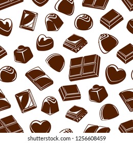 Chocolate candies seamless pattern background with sweet food desserts. Vector truffles and bars with praline, cocoa and caramel, nuts, milk and sugar toppings. Confectionery treats and snacks design