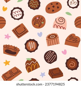 Chocolate candies seamless pattern, hand drawn desserts doodles, colored ornament of cookies icons, vector illustrations of chocolates on beige background, wrapping paper for Christmas, Valentines day