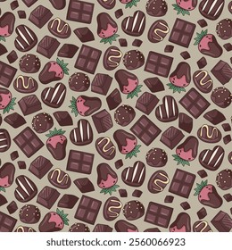 Chocolate candies seamless pattern, hand drawn desserts doodles, colored ornament of cookies icons, vector illustrations of chocolates on beige background, wrapping paper 