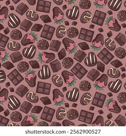 Chocolate candies seamless pattern, hand drawn desserts doodles, colored ornament of cookies icons, vector illustrations of chocolates on beige background, wrapping paper 