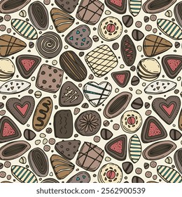 Chocolate candies seamless pattern, hand drawn desserts doodles, colored ornament of cookies icons, vector illustrations of chocolates on beige background, wrapping paper 