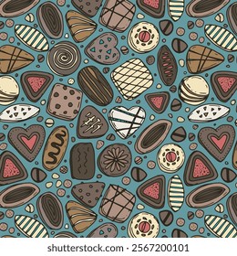 Chocolate candies seamless pattern, hand drawn desserts doodles, colored ornament of cookies icons, vector illustrations of chocolates on beige background, wrapping paper 