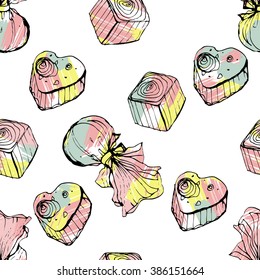 Chocolate candies seamless pattern. Hand drawn ink graphic with colorful brush stroke.