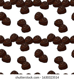 Chocolate candies seamless pattern on white background with sweet food desserts. Vector confectionery treats and snacks design.