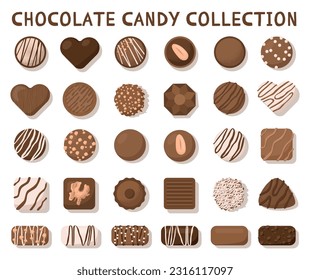 Chocolate candies set. Different shapes and flavors of chocolate candies, such as truffle and praline. Tasty cocoa product. Sweet and delicious dessert. Flat vector illustration