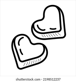 Chocolate candies in the shape of heart. Drawn with outline in doodle style. Vector illustration.