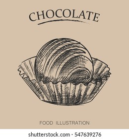 Chocolate candies sketch style isolated on beige background.  Retro style vector illustration poster.