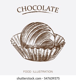 Chocolate candies sketch style isolated on white background.  Retro style vector illustration poster.