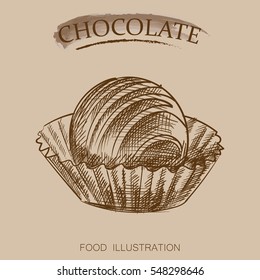 Chocolate candies sketch style isolated on beige background.  Retro style vector illustration poster.
