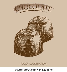 Chocolate candies sketch style isolated on beige background.  Retro style vector illustration poster.