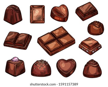 Chocolate Candies And Sweet Desserts Sketch Isolated Icons. Vector Choco Candies With Praline, Nuts Or Cocoa Topping, Dark Bitter And Milk Chocolate Bars, Handmade Chocolate Candy