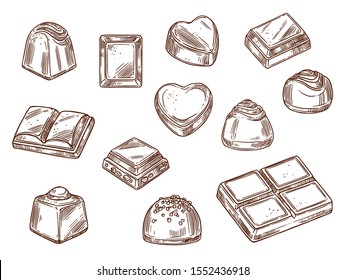 Chocolate candies and sweets isolated sketch icons. Vector cacao bars and brown chocolate with nuts and caramel, vanilla, sugar toppings Confectionery food, desserts and treats, truffles with praline