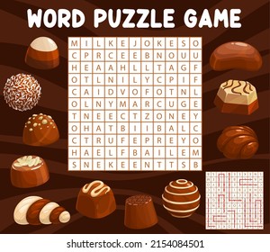 Schokolade Bonbons und Süßigkeiten Wortsuche Puzzle Game-Arbeitsblatt. Vectordessert Nahrungswort Labyrinth, Rätsel oder Quiz, Milch und weiße SchokoladenkBonbons mit Nougat-, Praline-, Trüffel- und Souffelfüllungen