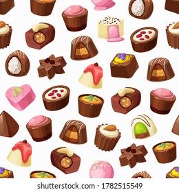Chocolate candies, truffles and praline seamless pattern. Vector background of sweet food and chocolate desserts, caramel, nuts and coconut, coffee, milk cream and nougat, confectionery backdrop
