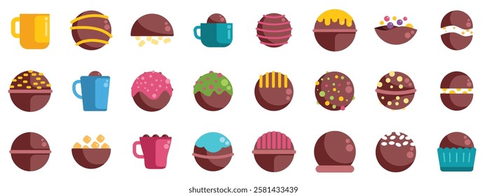 Chocolate candies with various toppings and fillings, alongside mugs of hot chocolate, representing a sweet and indulgent treat