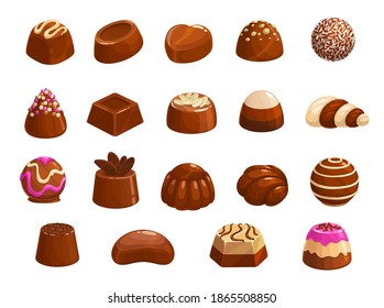 Chocolate candies vector icons. Sweet desserts, choco candies with praline, nuts or cocoa topping, coconut sprinkles, dark bitter and milk bars, chocolate candy patisserie assortment cartoon set