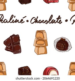 Chocolate candies vector pattern illustration. Delicious praline set pattern with lettering on the white background. Dark chocolate bar, White chocolate caramel candies, strawberry, coffee truffle.