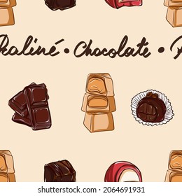 Chocolate candies vector pattern illustration. Delicious praline set pattern with lettering on the cream background. Dark chocolate bar, White chocolate caramel candies, strawberry, coffee truffle.