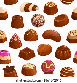 Chocolate candies vector seamless pattern. Sweet desserts, choco candies with praline, nuts or cocoa topping, dark bitter and milk bars, handmade chocolate candy patisserie assortment, cartoon pattern