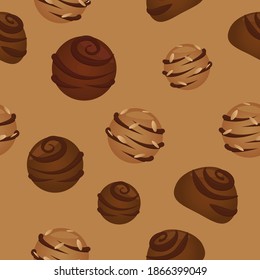 chocolate candies, vector seamless pattern on beige background, sweets