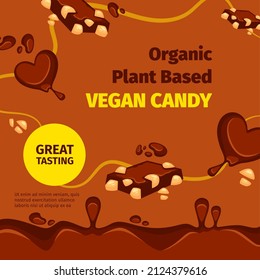 Chocolate candies for vegans and vegetarians, organic and natural ingredients in product. Gourmet and nutritious food for healthy dieting. Confectionery shop or store. Vector in flat style, ads