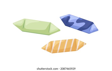 Chocolate candies in wrappers. Choco sweets in wrapping, top view. Wrapped dessert. Confectionery set. Flat vector illustrations of confection in paper packs isolated on white background