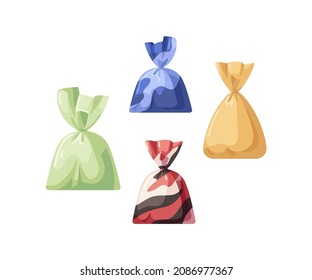 Chocolate candies in wrappers set. Wrapped sweet choco bonbons. Assorted truffles packed in foil wrapping. Cacao confectionery. Flat vector illustration of dessert isolated on white background