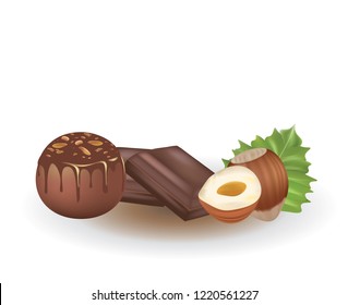 Chocolate candy ball with hazelnuts. vector illustration