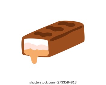Chocolate candy bar. Cut piece, choco coated chunk with cream, nougat and salted caramel filling, dripping inside. Sweet confectionery, treat. Flat vector illustration isolated on white background