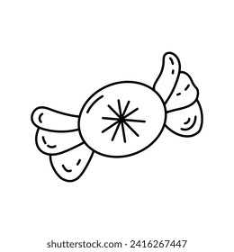 Chocolate candy black icon. Vector illustration doodle long candy in wrapper. Sweets theme. Hand drawn Design for print, pattern, postcard, post, coloring, card decorations textile, fabric.