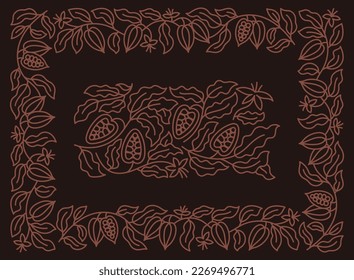 Chocolate candy box background. Square frame. Cocoa pack design. Beans and leaves. Editable outline stroke. Vector line.
