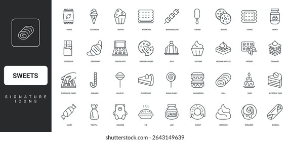 Chocolate candy box and bar, ice cream and macarons, marshmallow thin black symbols vector illustration. Sweets in confectionery menu, candy and cookie, jam jar and meringue line icon set.