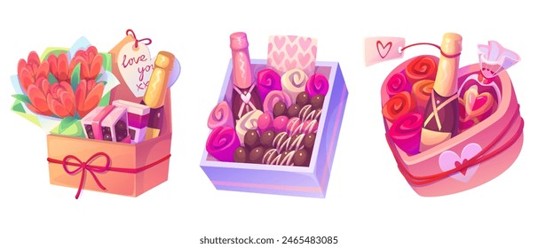 Caja de caramelo de chocolate para el día de San Valentín con icono de corazón. Dulce alimento presente conjunto de dibujos animados isométricos aislados. Ramo de rosa lindo elemento con praliné para dar para el 14 de febrero o aniversario de matrimonio.