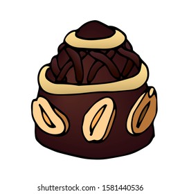 chocolate candy or cake with cream ornament and peanuts, festive dessert, color vector illustration with black contour lines isolated on white background in clip art and hand drawn style