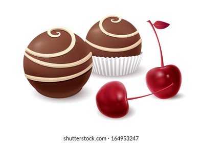 Chocolate candy and cherry isolated on white