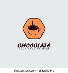 Chocolate candy or comfit dessert on chocolate splash icon template for sweet hand made chocolate product label design template. Chocolate vector logo concept.