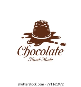 Chocolate Candy Or Comfit Dessert On Chocolate Splash Icon Template For Sweet Hand Made Choco Product Label Design Template. Vector Isolated Chocolate Cake For Patisserie Or Confectionery