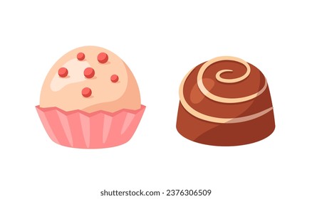 Chocolate candy concept. Sweet and pastry product, dessert and delicacy. Tasty eating and gourmet in glaze. Poster or banner. Cartoon flat vector illustration isolated on white background