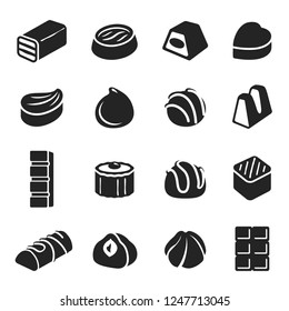 Chocolate candy confectionery assortment black icon set. Sweets or lollies, delicious confection stmbol. Vector line art illustration isolated on white background