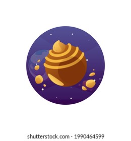 Chocolate candy with cream, cookie, nuts and caramel in outer space. Sweet food planet for beautiful fantasy design of confectionery. Flat cartoon vector illustration.