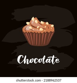 Chocolate candy with cream and nut crumbs. Lettering. Vector illustration on a black background, for a banner, advertising, packaging, shop