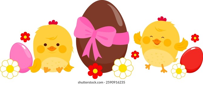 Chocolate candy Easter eggs and baby chicks. Decorated candy chocolate eggs paint art for traditional hunting celebration. Easter eggs, flowers and cute chicken birds decoration for Spring holiday.