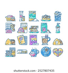 chocolate candy food dessert doodle icons set vector. sketch line art sweet bar cocoa, cacao delicious, snack tasty, eat dark, piece block, calorie chocolate candy food dessert color illustrations