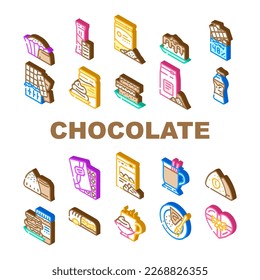 chocolate candy food dessert icons set vector. sweet bar cocoa, cacao delicious, snack tasty, eat dark, piece block, calorie chocolate candy food dessert isometric sign illustrations