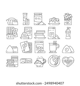 chocolate candy food dessert icons set vector. sweet bar cocoa, cacao delicious, snack tasty, eat dark, piece block, calorie chocolate candy food dessert black contour illustrations