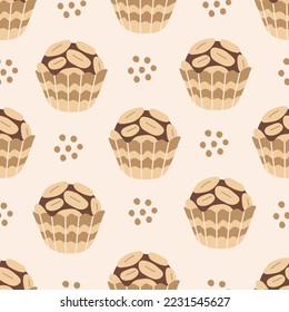 Chocolate candy food seamless pattern. Cute dessert wrapping, wallpaper, packaging paper with traditional Brazilian sweets. Seamless background with brigadeiro