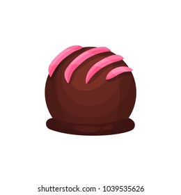 Chocolate candy in form of ball with pink icing. Delicious truffle. Sweet dessert for tea or coffee break. Tasty confectionery product. Detailed vector illustration