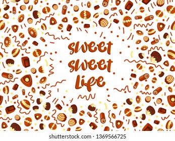 Chocolate candy frame of choco candies on white background. Chocolate candy banner, top view, flat lay with decorative elements. Chocolats candy background