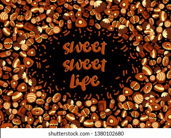 Chocolate candy frame of choco candies on black background. Chocolate candy banner, top view, flat lay with decorative elements. Chocolats candy background