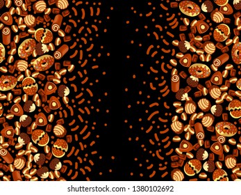 Chocolate candy frame of choco candies on black background. Chocolate candy banner, top view, flat lay with decorative elements. Chocolats candy background